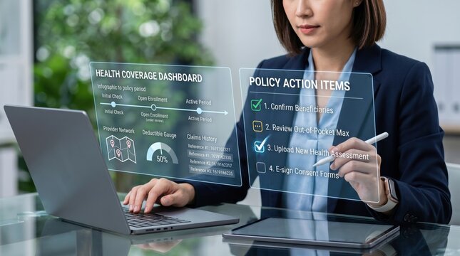Professional woman using holographic health coverage dashboard and policy action items on laptop and tablet, managing insurance enrollment and beneficiary confirmation digitally