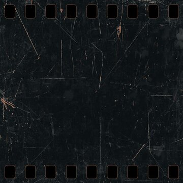 A dark and weathered vintage film frame texture features noticeable scratches, dust particles, red vertical text on both sides, and sprocket holes along the top and bottom edges.