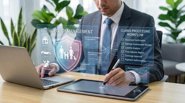 Digital insurance policy management and claims processing workflow on tablet, showing document verification and risk portfolio analysis