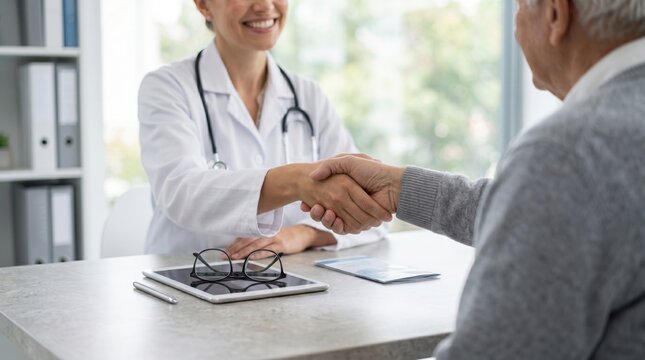 Female doctor shaking hands with senior patient in clinic, smiling medical professional greeting elderly man, healthcare consultation and trust concept