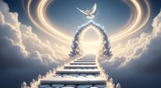 Heavenly stairway leading to a glowing gate with a white dove in the sky.