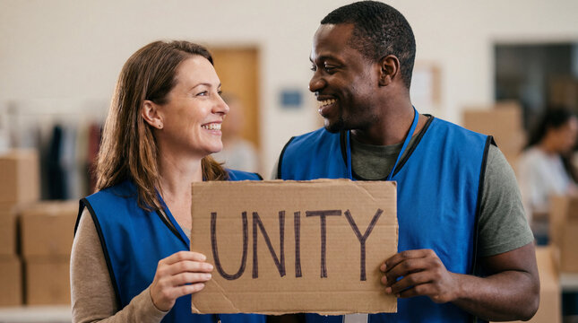 World Refugee Day volunteers holding unity sign showing teamwork compassion humanitarian support for charity awareness campaign poster design