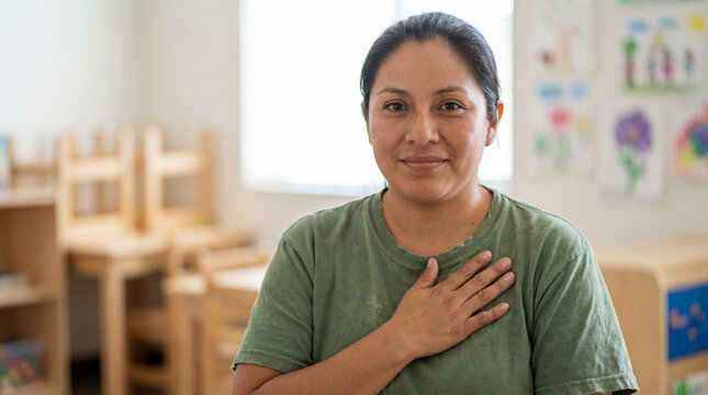 World Refugee Day volunteer woman showing heart gesture displaying compassion humanitarian care support for charity awareness campaign poster design