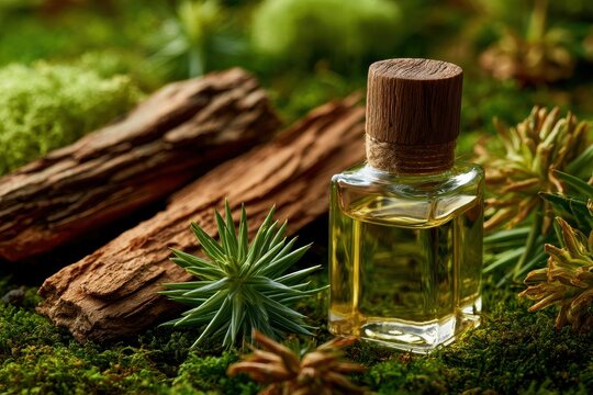 Essential oil vial resting on mossy forest floor with rustic bark in a sharp macro shot for organic skincare and holistic wellness marketing