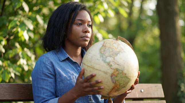 Combat desertification drought woman holding globe thoughtful expression for environmental awareness global protection campaign educational promotional material design