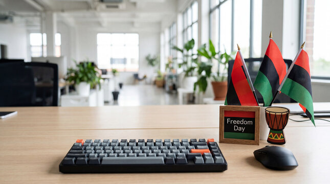 Juneteenth celebration office desk keyboard decoration flags workspace corporate holiday themed professional environment diversity awareness editorial marketing
