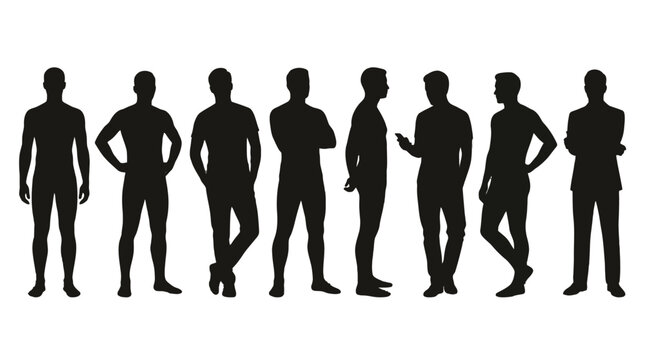 Collection of Eight Diverse Male Silhouettes in Various Poses Standing Against a Solid Black Background for Creative Graphic Design and Visual Communication Work. PNG, Transparent Background