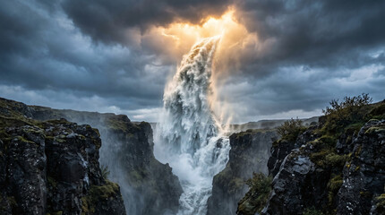 Fototapeta premium Majestic Waterfall Flowing Upwards from a Deep Canyon into a Glowing Break in Dark Storm Clouds 