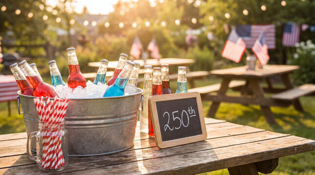 America 250th anniversary beverage display vintage glass bottles galvanized metal bucket ice outdoor celebration sunset patriotic promotional editorial marketing content