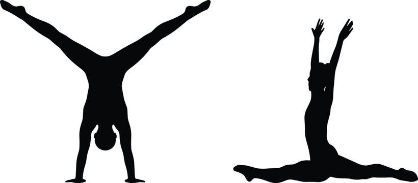 Silhouette illustration of gymnasts performing handstand and split poses, highlighting balance, flexibility, and acrobatic strength