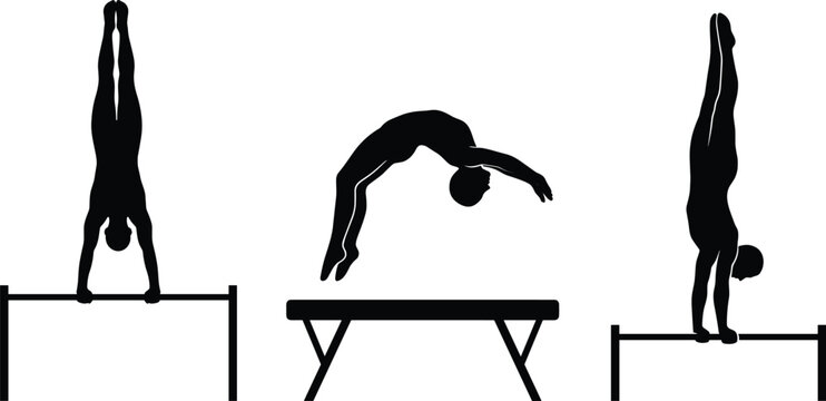 Silhouette illustration of gymnasts performing handstands and flips on apparatus, showcasing balance, strength, and acrobatic skill