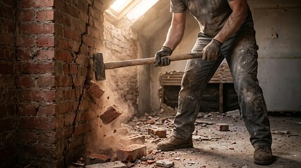 Fototapeta premium Man demolishing a brick wall with a sledgehammer