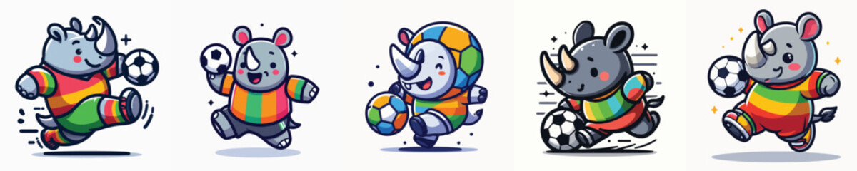 Cute rhino soccer player vector character set, cartoon rhinoceros playing football mascots collection © JEFRI