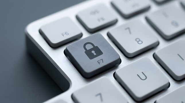 Close-up view of a computer keyboard with a padlock icon on the F7 key, symbolizing security and data protection.