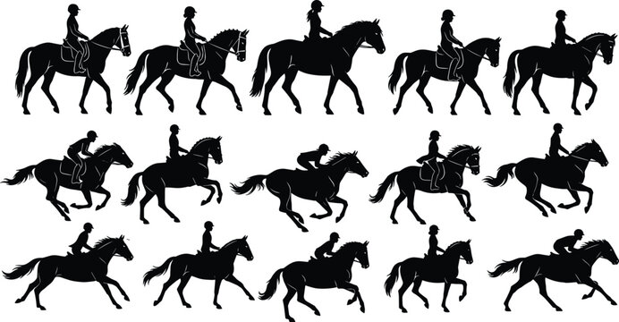 Silhouette illustration of horses with riders in walking, trotting, galloping, and cantering poses