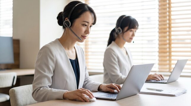 Two female customer support agents wearing headsets working on laptops in a bright office environment, focused on providing service and assistance to clients remotely or via phone.