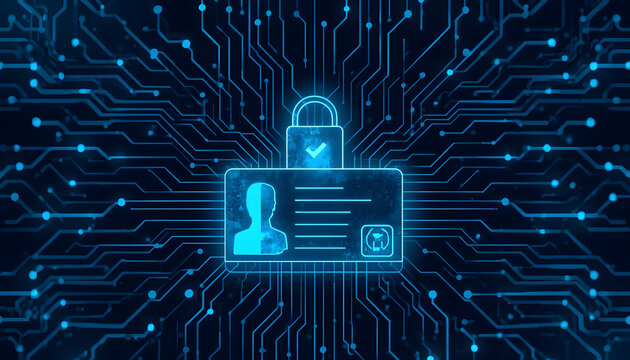 Digital identity card icon with padlock on blue circuit board background. Glowing network lines represent biometric data security and verification. Futuristic cyber protection technology.