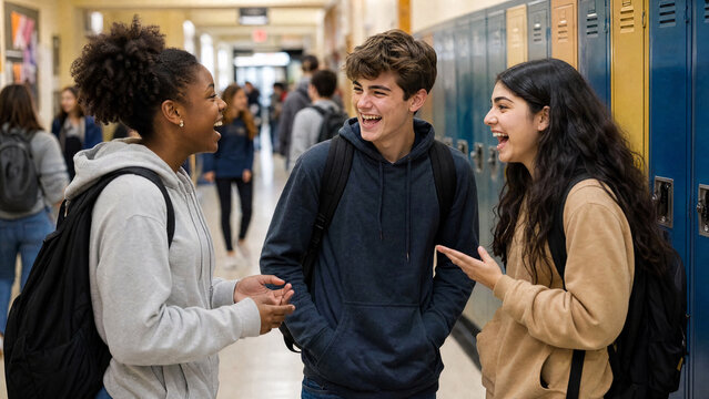 Back to school students hallway friends laughing chatting diverse teenagers joyful social friendship education promotional marketing editorial social media lifestyle content design
