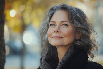 Obraz premium An attractive older woman with graying hair smiles contentedly while looking upwards in an autumn park setting.