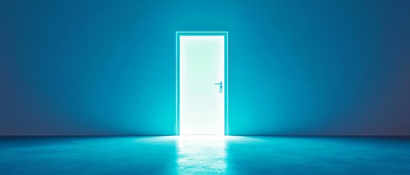 An inviting open door radiates a soft blue glow.