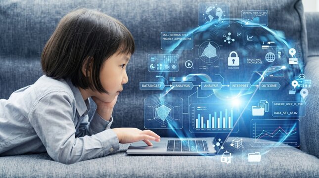 Child girl learning computer science and big data concepts on laptop, futuristic holographic interface showing analytics, artificial intelligence education, future technology