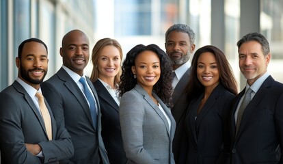 Fototapeta premium Diverse group of seven professional business people standing together in a modern office environment, smiling confidently.