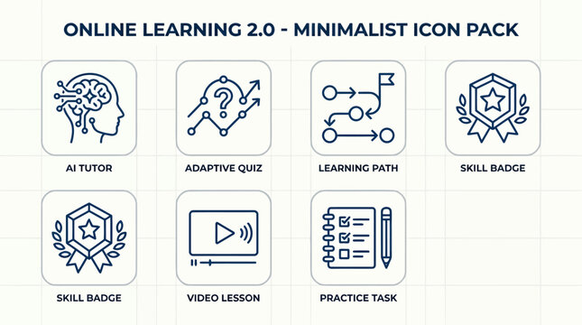 Online learning minimalist icon set featuring digital education symbols for modern course.
