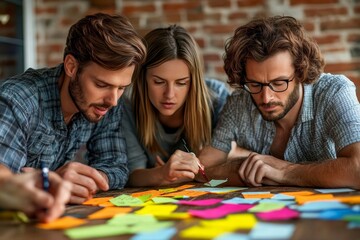Fototapeta premium Three young adults intensely collaborate, writing notes on colorful sticky notes spread across a wooden table in a bright, casual office setting.