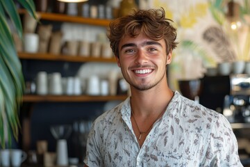 Obraz premium Young man with curly hair smiles broadly while wearing a patterned shirt in a cafe.
