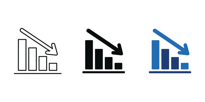 Bar Chart with Downward Arrow Icon Showing Financial Loss, Negative Business Trend, Decreasing Performance Metrics, Market Downturn Analytics