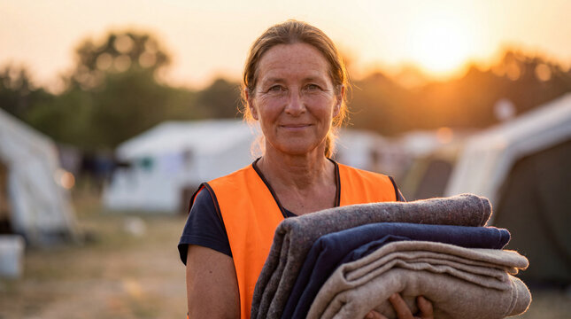 World Refugee Day volunteer woman holding blanket showing humanitarian care warmth compassion support for charity awareness campaign poster design