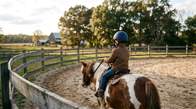 Little boy with helmet riding pony horse on ranch farm