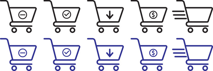 Shopping cart icons set for online store and e-commerce platforms. Shopping cart with money dollar icon set in solid, outline, and hand-drawn styles. Shopping cart icons set, Ecommerce basket symbols, © TASLIMA