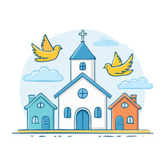 Obraz premium Flat design church with houses and birds illustration