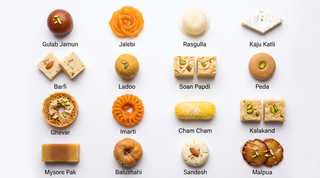 Top view of traditional Indian sweets assortment chart with names on white background