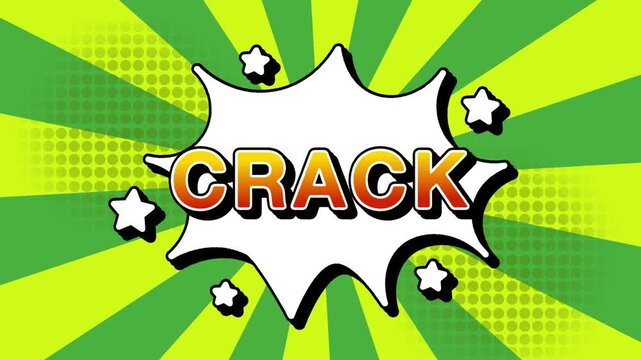 Crack text word lettering popup comic cartoon reveal with bomb and smoke explosion manga anime book page dots with radial speed lines doodle green background with seamless loop animation retro
