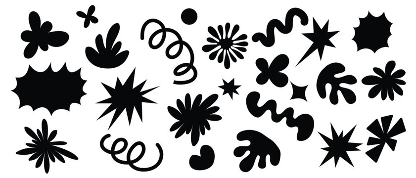 Collection of hand-drawn abstract black doodle shapes, organic blobs, starbursts, and wavy scribble elements isolated on a white background vector.