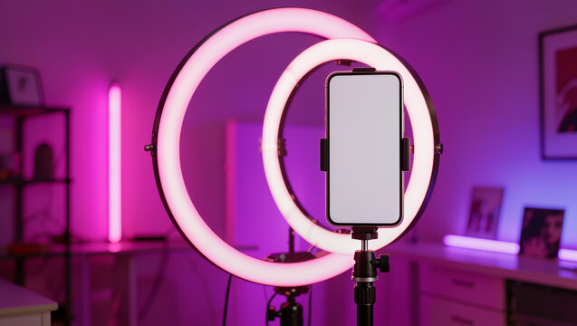 Ring light with smartphone setup in vibrant neon content creation studio, modern streaming gear concept, editorial 3D render with copy space