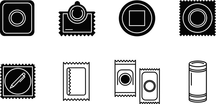 Condom wrapper packaging icon set for safe sex contraception and health protection