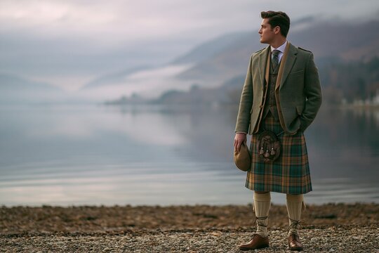 Elegant Man in Kilt by Serene Water