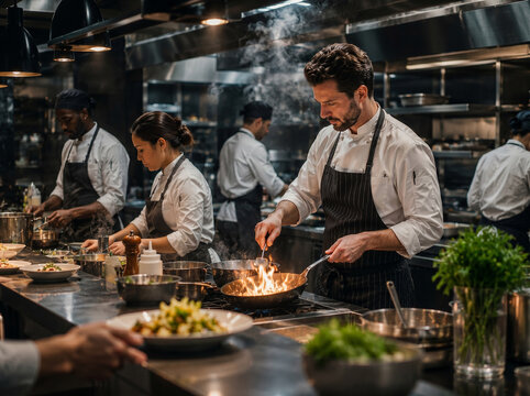 Professional team of chefs working together in a premium open restaurant kitchen during dinner service.