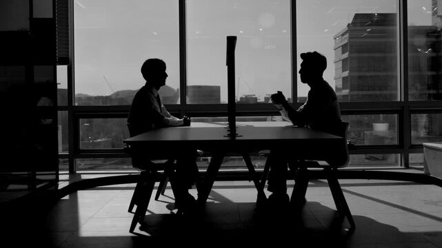 Black and white silhouettes of two people sitting across from each other and having a conversation at a desk in a modern office with a dramatic cityscape visible through large windows.