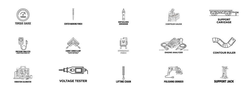 Industrial and Mechanical Tool Icon Set in White Line Art