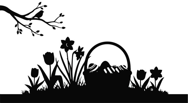 Easter basket with flowers and bird on branch, springtime scene
