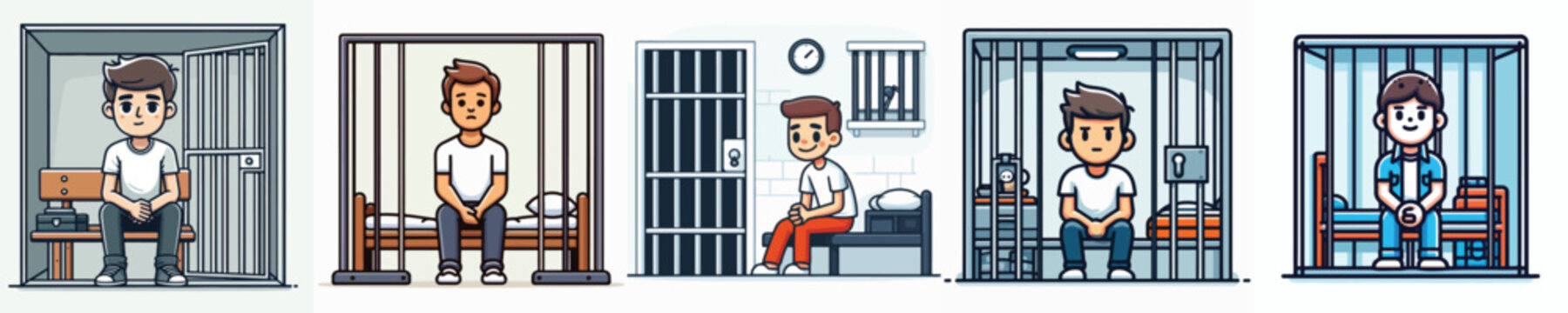 Prisoner in jail cell cartoon character set, sad young man behind prison bars vector illustrations