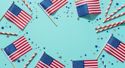 Obraz premium American flags with patriotic straws and stars on green background