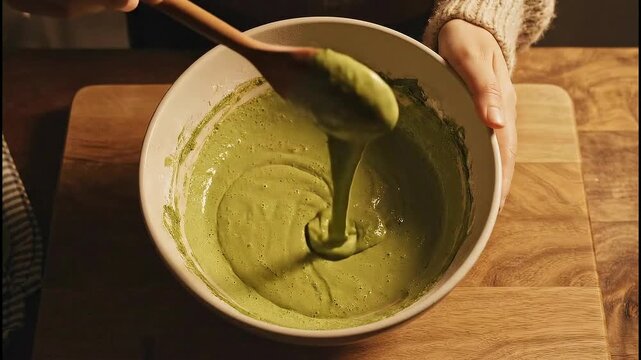 A person is mixing a green matcha batter in a bowl with a wooden spoon, preparing food.