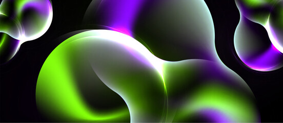 Naklejka premium Abstract shapes, vibrant colors, smooth gradients create dynamic visual experience. Green, purple hues dominate dark background.
