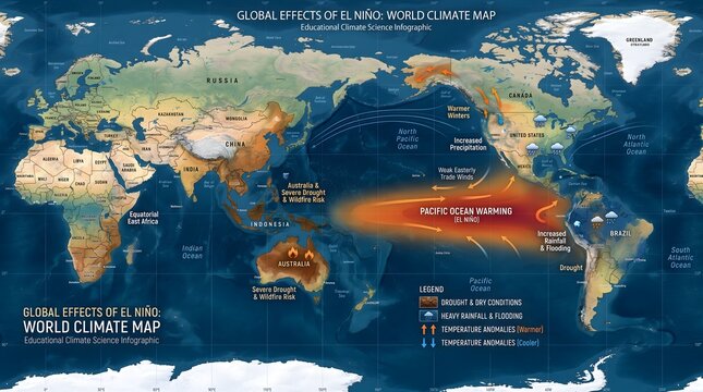 El Ni&ntilde;o Global Climate Impact Map Showing Weather Patterns and Pacific Ocean Effects