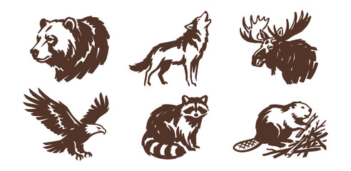 Rustic North American wildlife illustrations for outdoor adventure branding and camping logos © WS